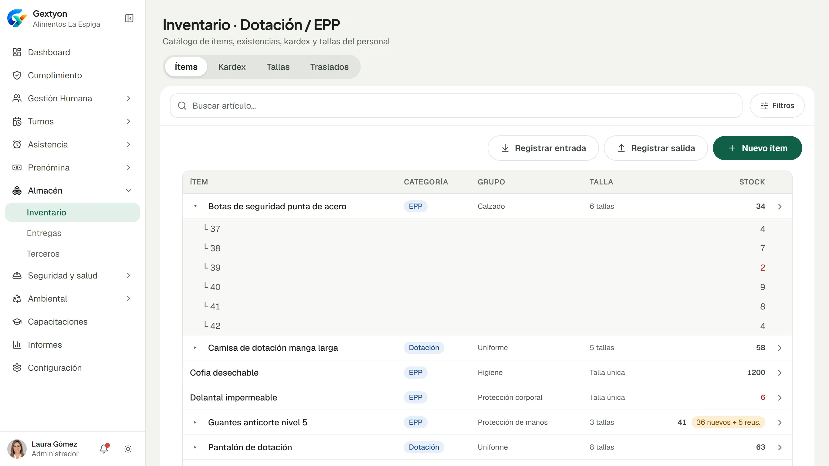 Inventario de dotación y EPP con categoría, grupo, existencias por talla y lo que está bajo el mínimo