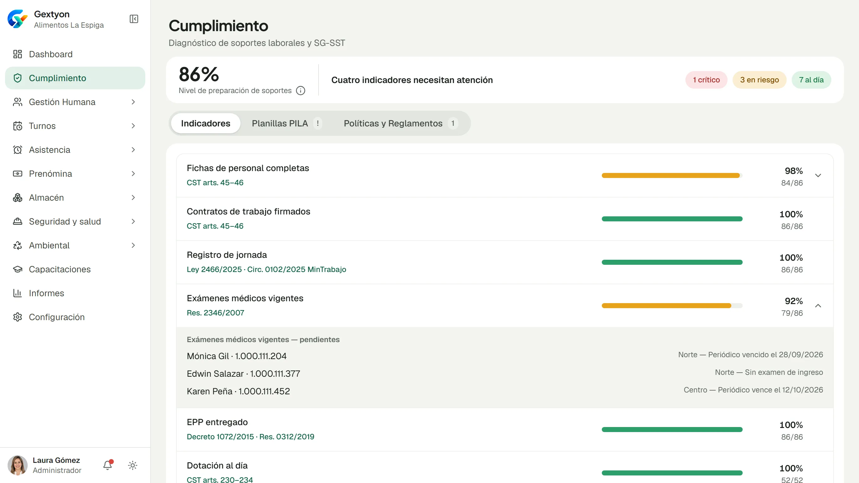 Cumplimiento con el nivel de preparación de soportes, indicadores críticos, en riesgo y al día, cada uno con su norma, y los pendientes de exámenes médicos