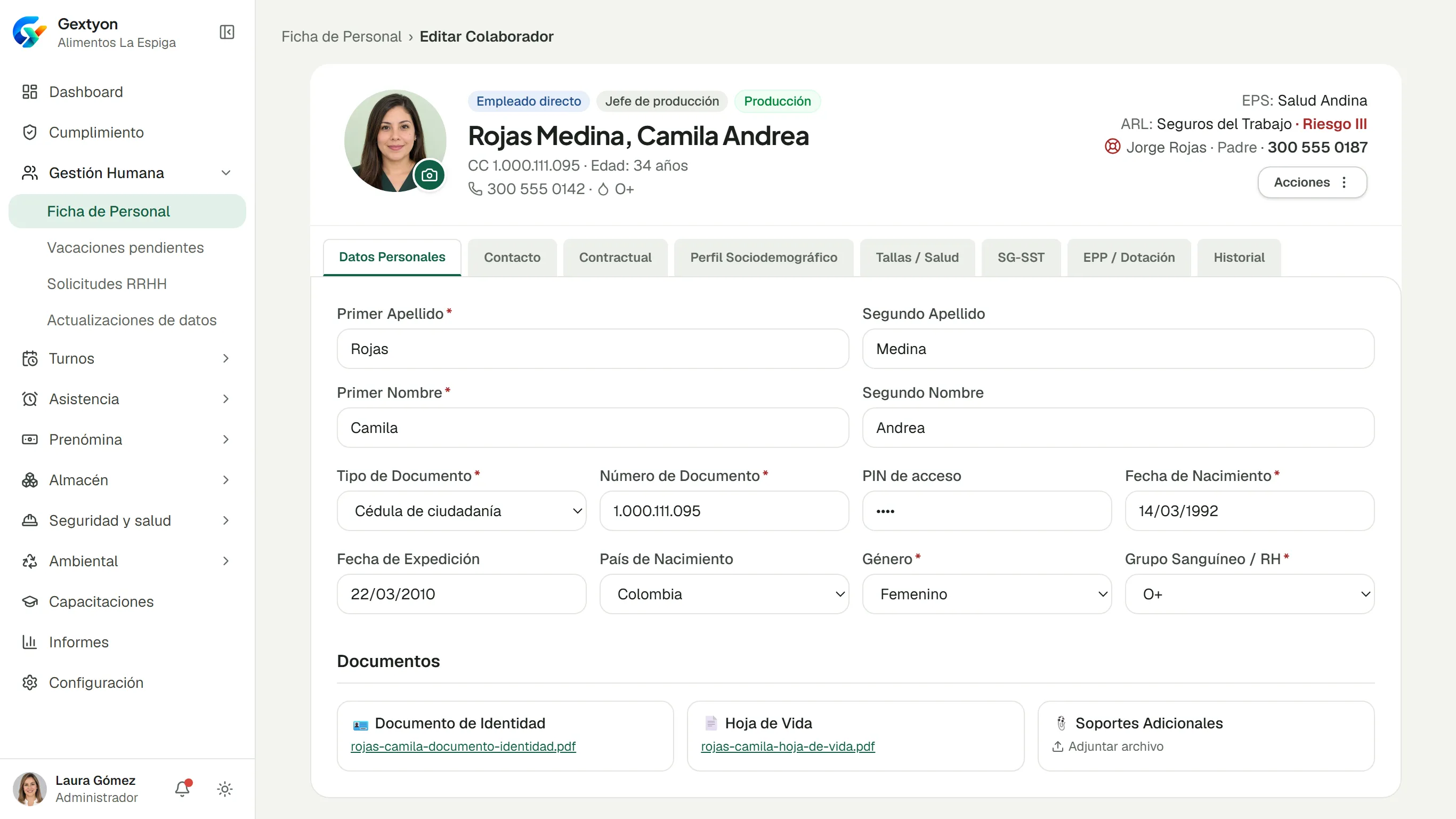 Ficha del colaborador con datos personales, EPS, ARL, contacto de emergencia y pestañas de la hoja de vida