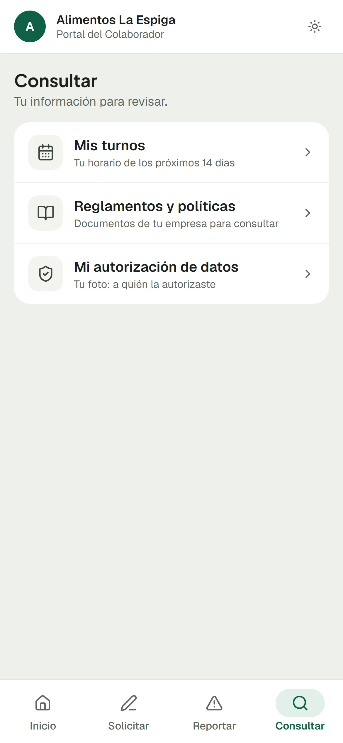 Portal del colaborador, pestaña Consultar: sus turnos de los próximos 14 días, reglamentos y políticas, y su autorización de datos