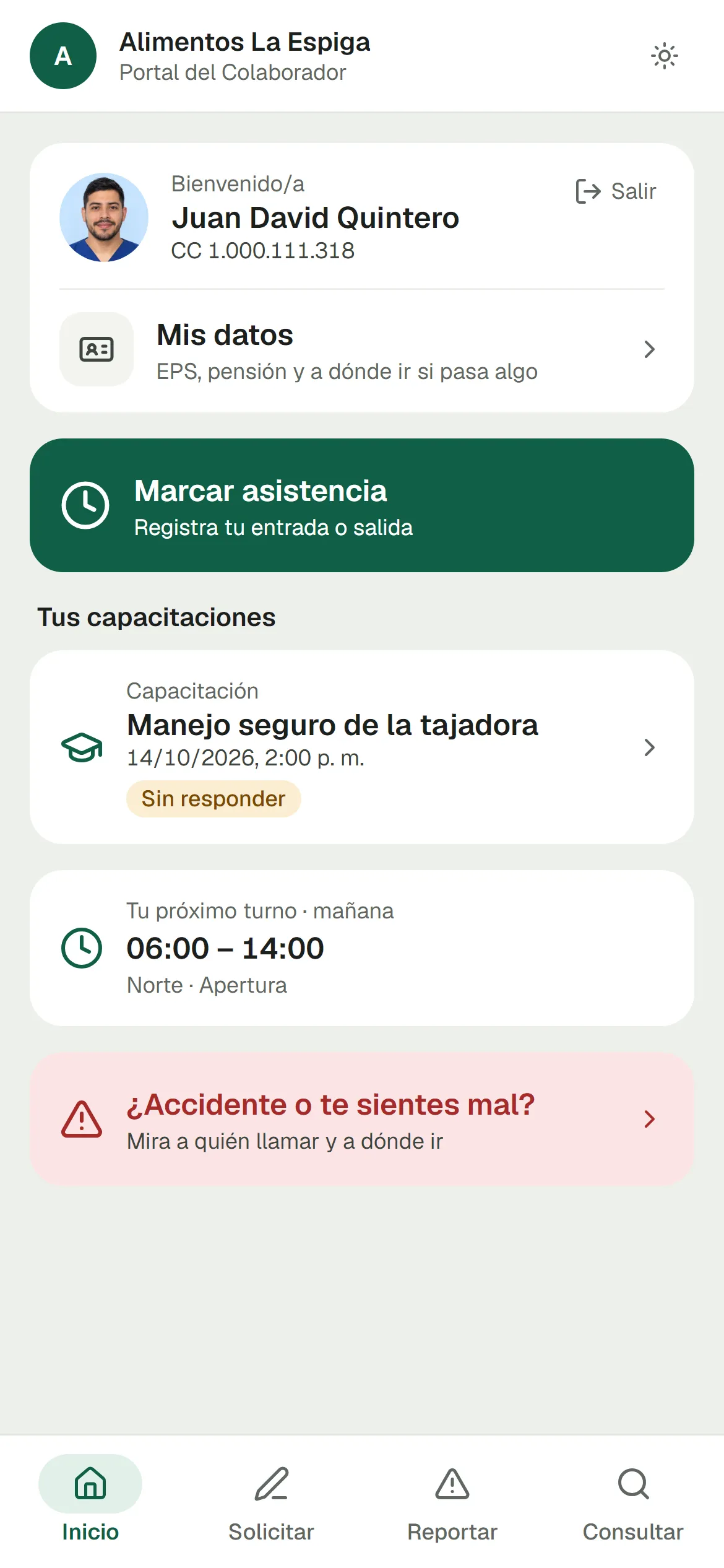 Portal del colaborador, pestaña Inicio: marcar asistencia, sus datos, capacitaciones, próximo turno y ayuda en caso de accidente