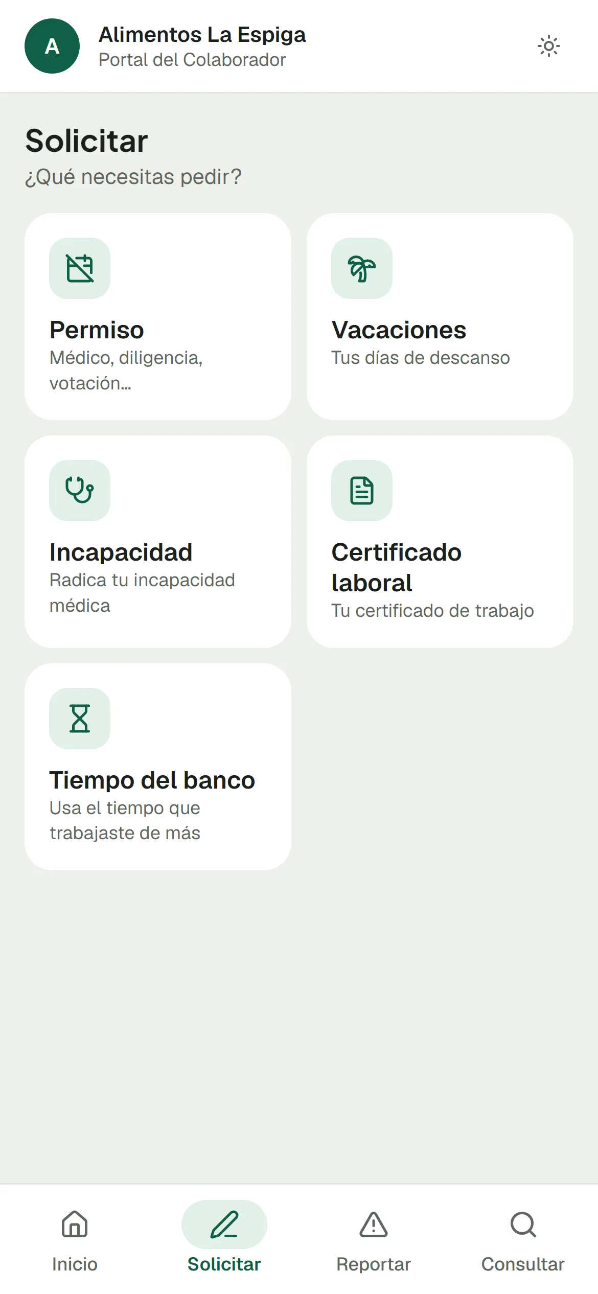 Portal del colaborador, pestaña Solicitar: permiso, vacaciones, incapacidad, certificado laboral y tiempo del banco de horas