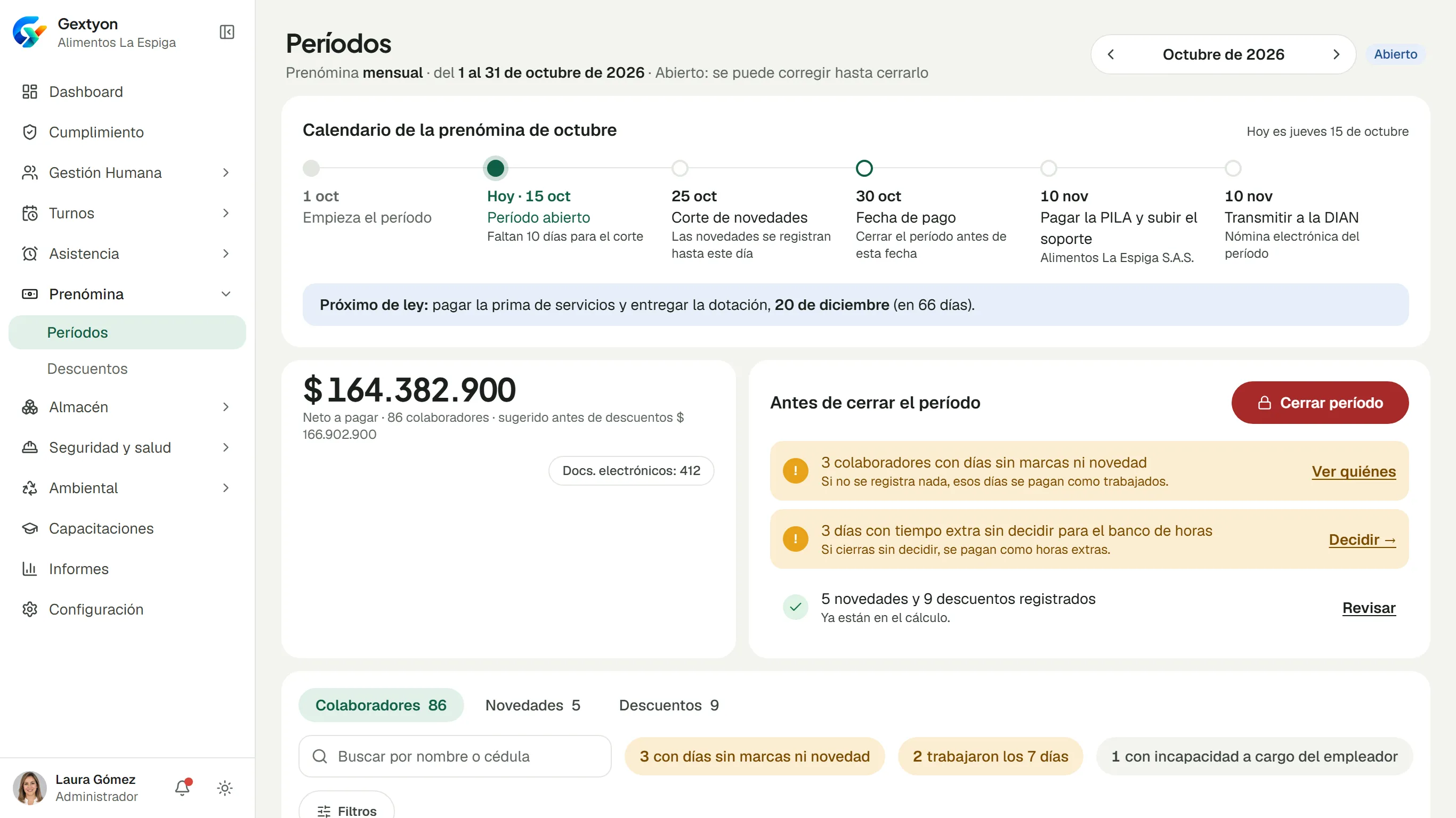 Período de prenómina con su calendario de corte, pago y PILA, el neto a pagar y lo que falta revisar antes de cerrar