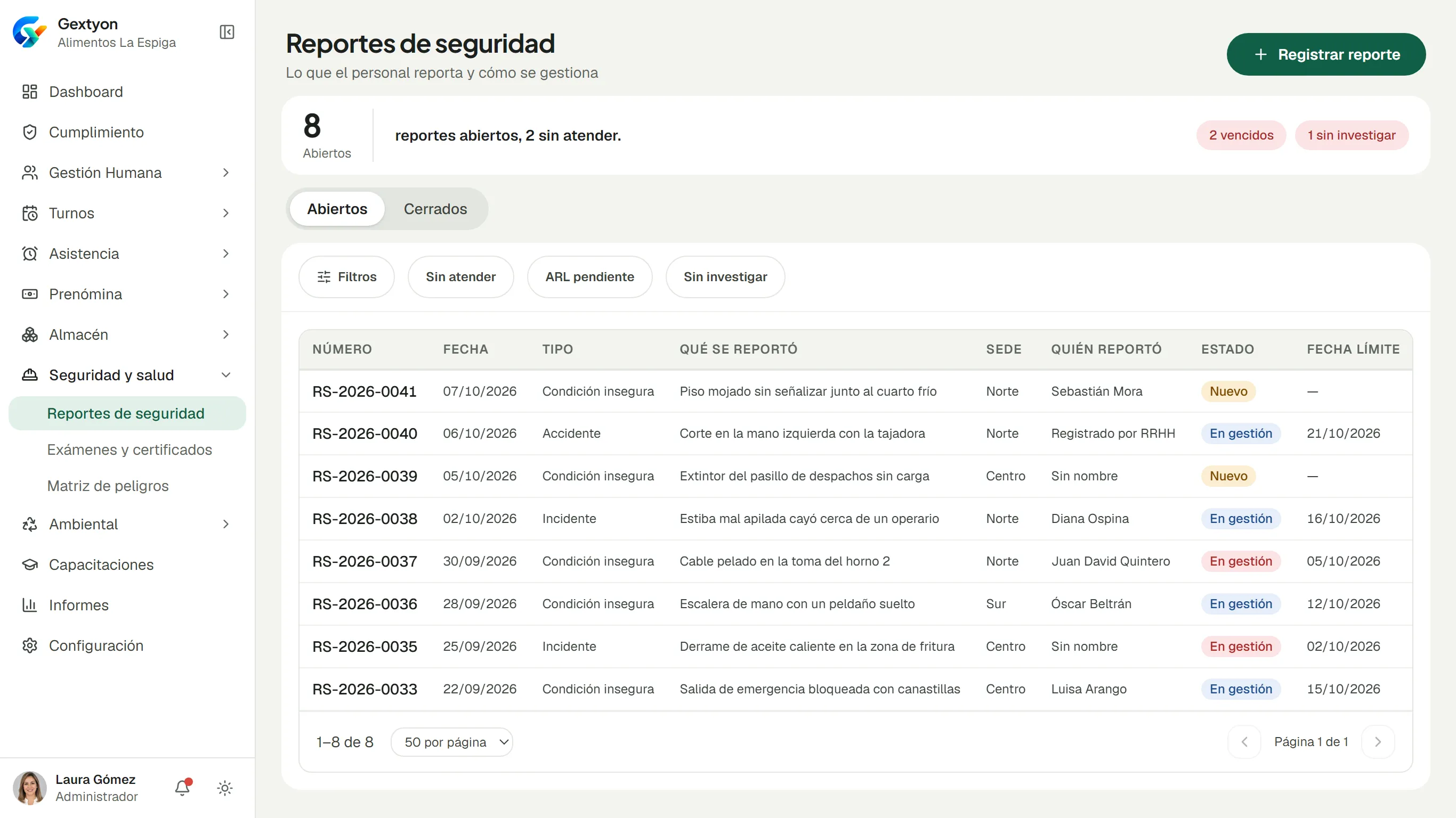 Reportes de seguridad con condiciones inseguras, incidentes y accidentes, su estado y su fecha límite